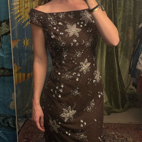 Elegant Brown Embellished Off-Shoulder Dress